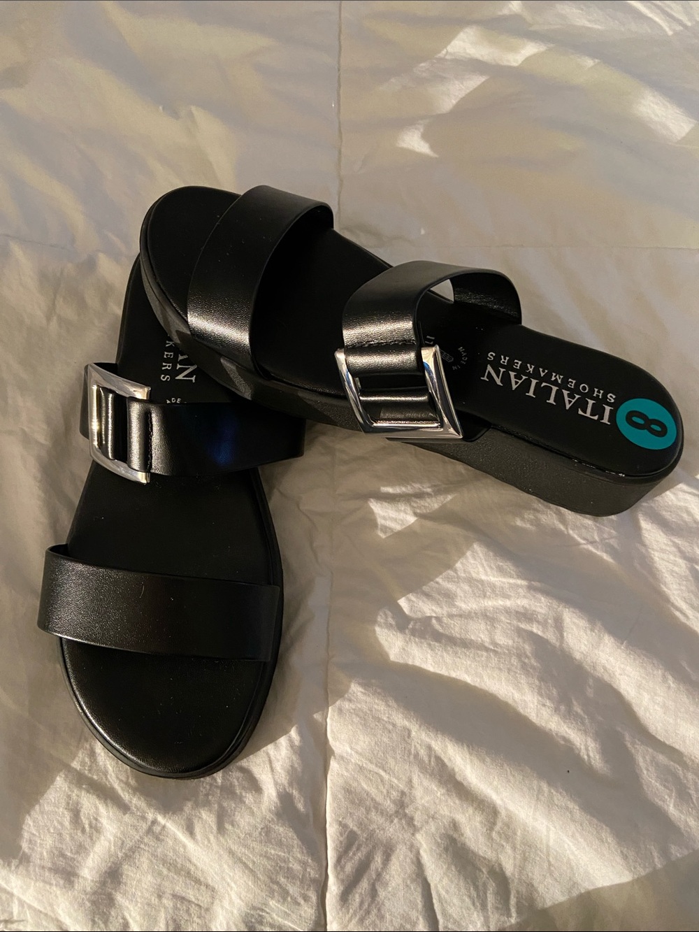 Italian Shoemakers Black Slide Sandals with Silver Buckles